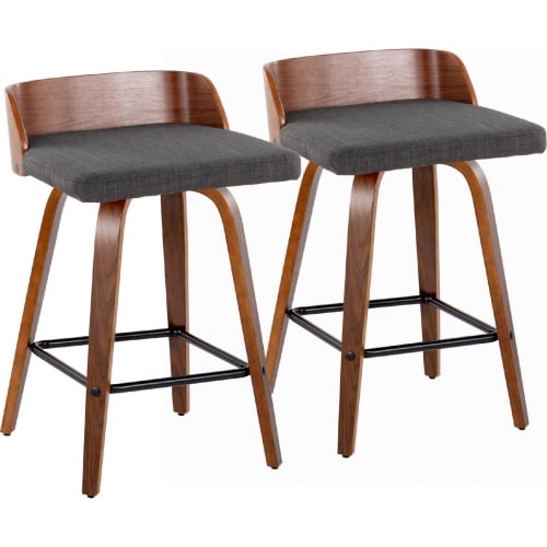 Maya 26" Swivel Counter Stool in Walnut Wood & Charcoal Fabric w/ Black Footrest (Set of 2)